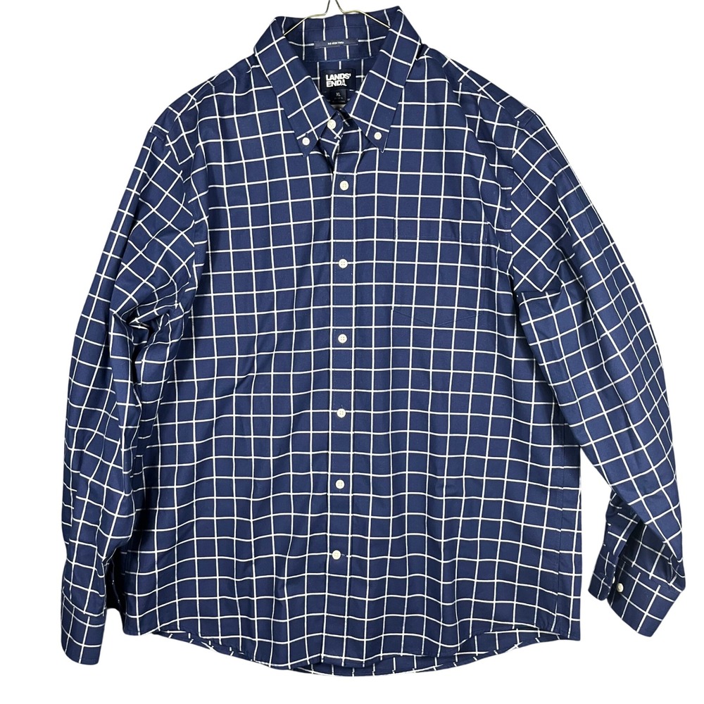 Lands' End Button Down Shirt Mens XL Blue Windowpane No Iron Twill Preppy